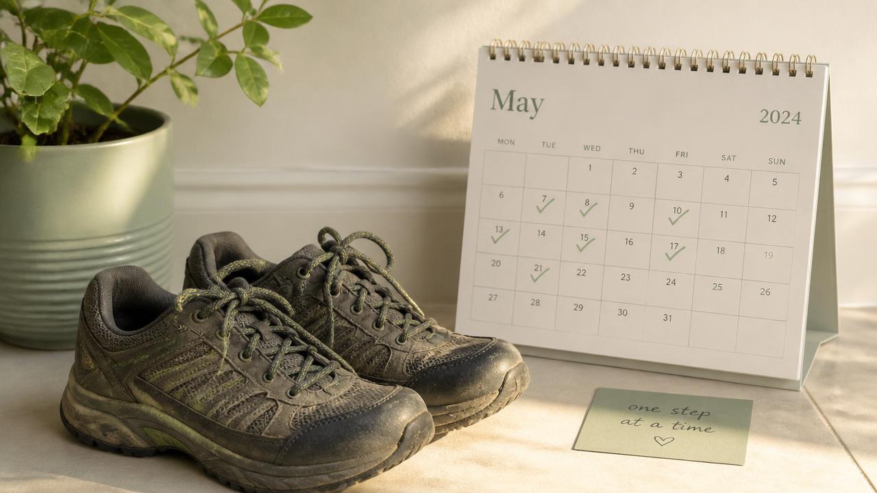 Des chaussures de marche usées à côté d'un calendrier mural comportant plusieurs jours cochés.