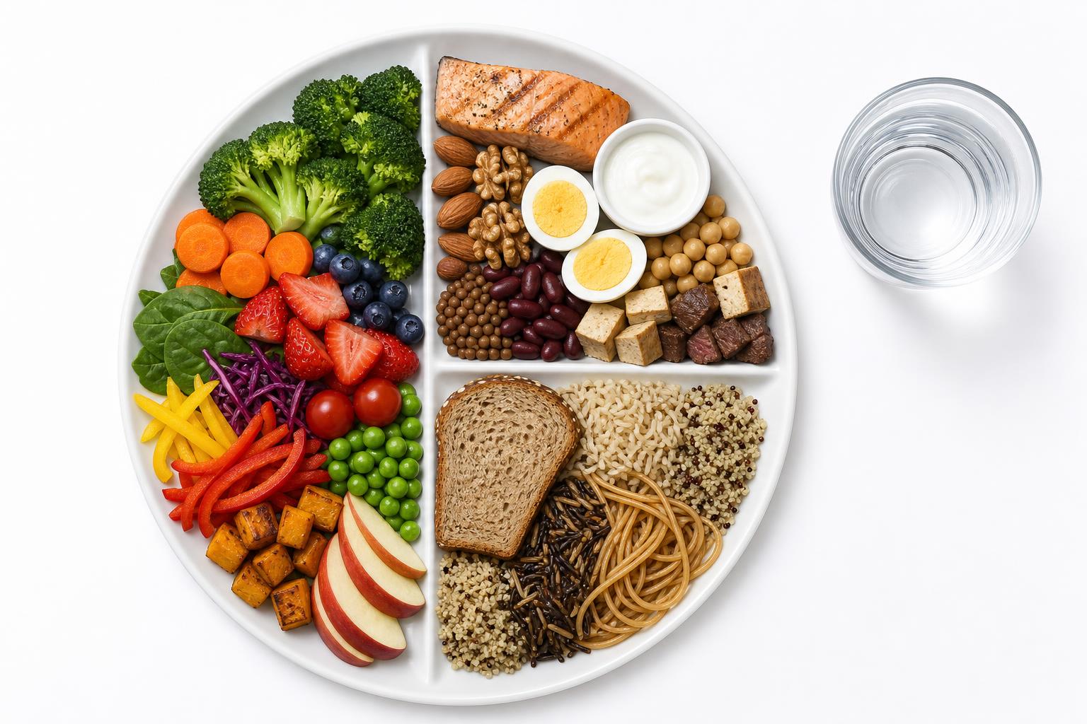 Assiette du Guide alimentaire canadien : la moitié en légumes et fruits, un quart en aliments protéinés, un quart en aliments à grains entiers, avec un verre d'eau.