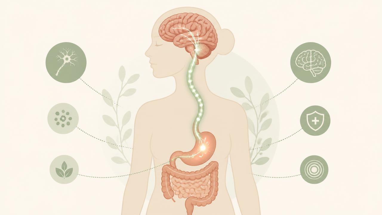 Illustration de l'axe intestin-cerveau : signaux de satiété transmis de l'intestin vers le cerveau.