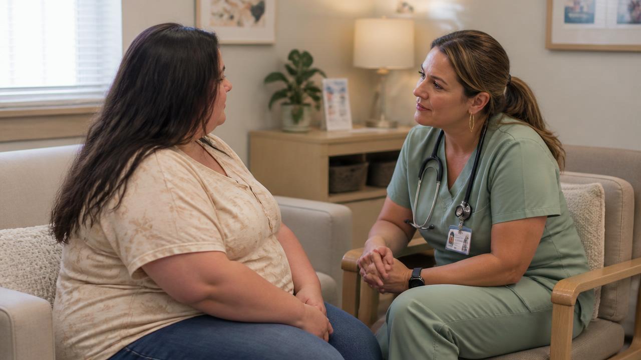 Une infirmière écoute avec bienveillance une patiente lors d'une consultation.