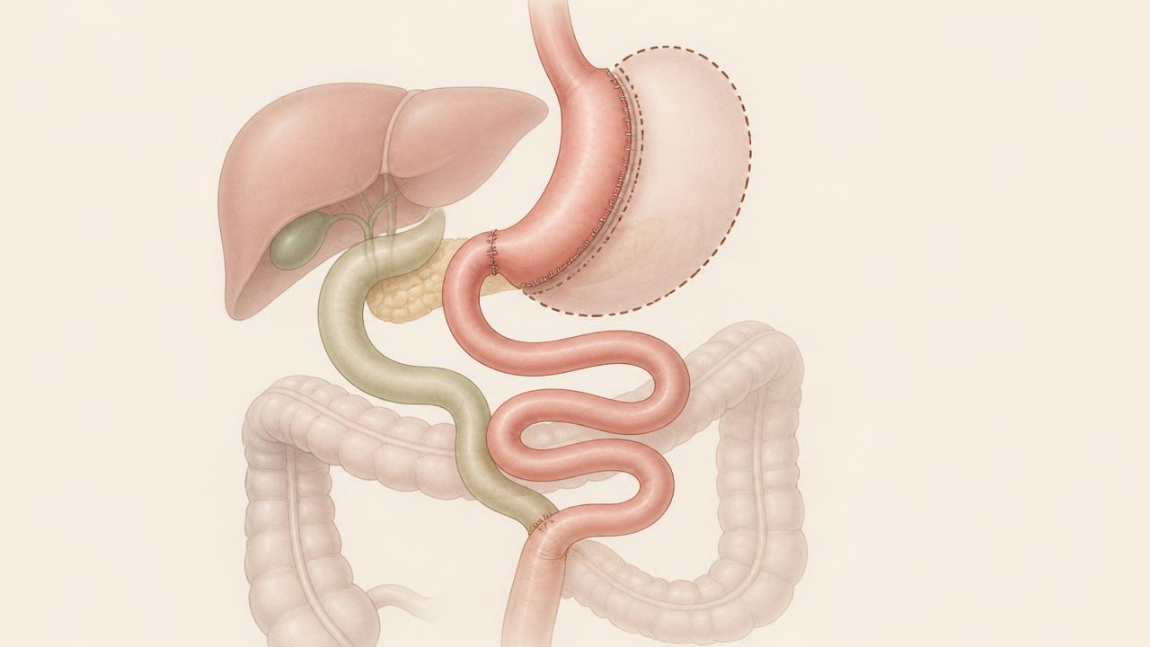 Schéma anatomique de la dérivation bilio-pancréatique de type SADI-S montrant l'estomac réduit et le circuit intestinal modifié.