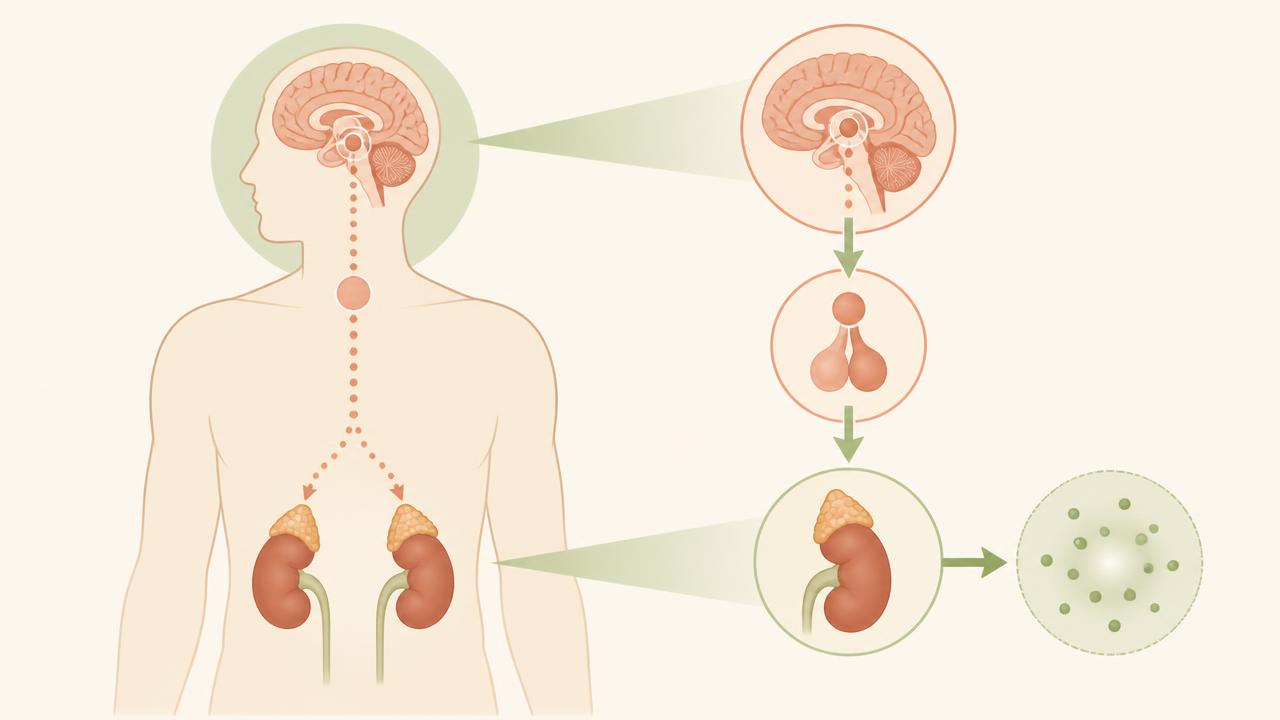 Illustration de la réaction de stress : le cerveau active les glandes surrénales qui libèrent le cortisol.