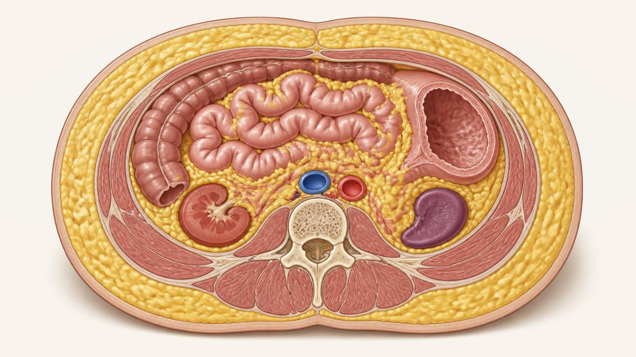 Coupe illustrée de l'abdomen distinguant la graisse viscérale, autour des organes, de la graisse sous-cutanée.