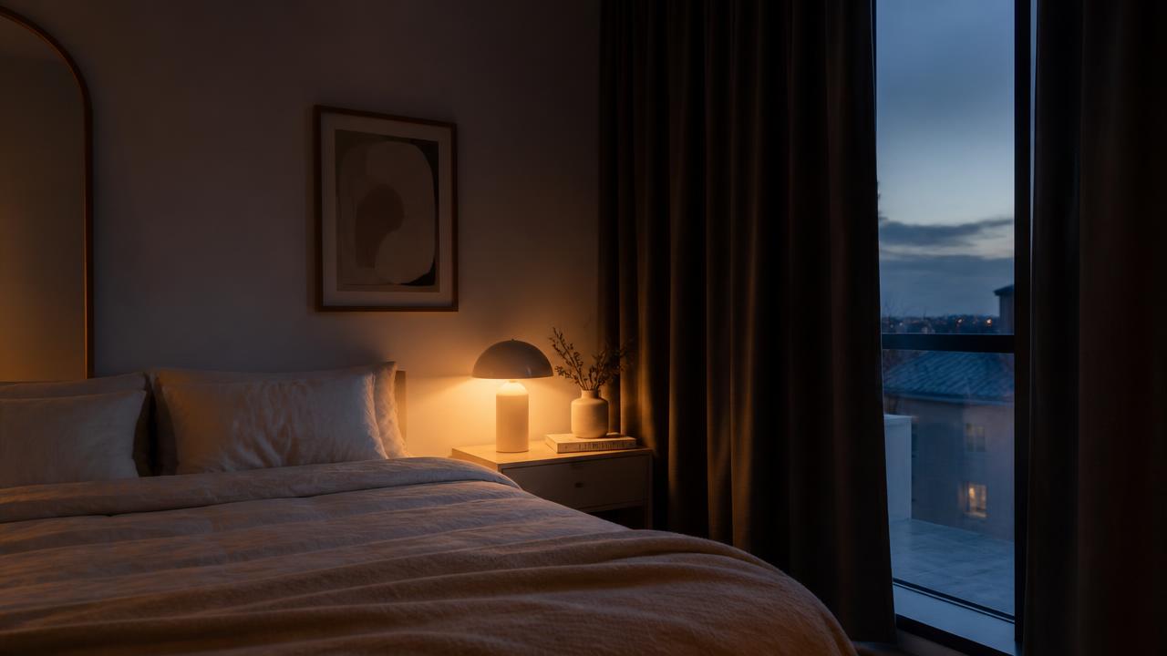 Chambre calme au crépuscule avec literie crème, lampe de chevet tamisée et rideaux occultants.