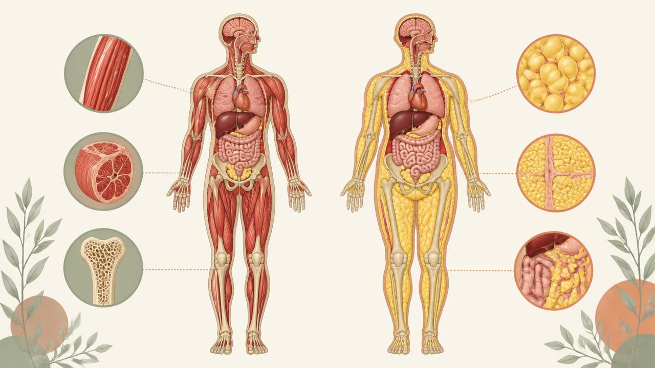 Comparaison illustrée de deux silhouettes de même poids : l'une avec plus de masse musculaire, l'autre avec plus de masse grasse.