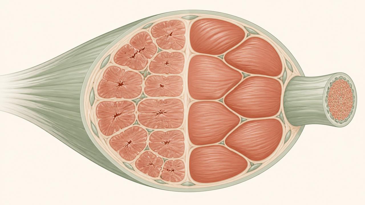 Illustration médicale de fibres musculaires présentant des microdéchirures en cours de réparation.