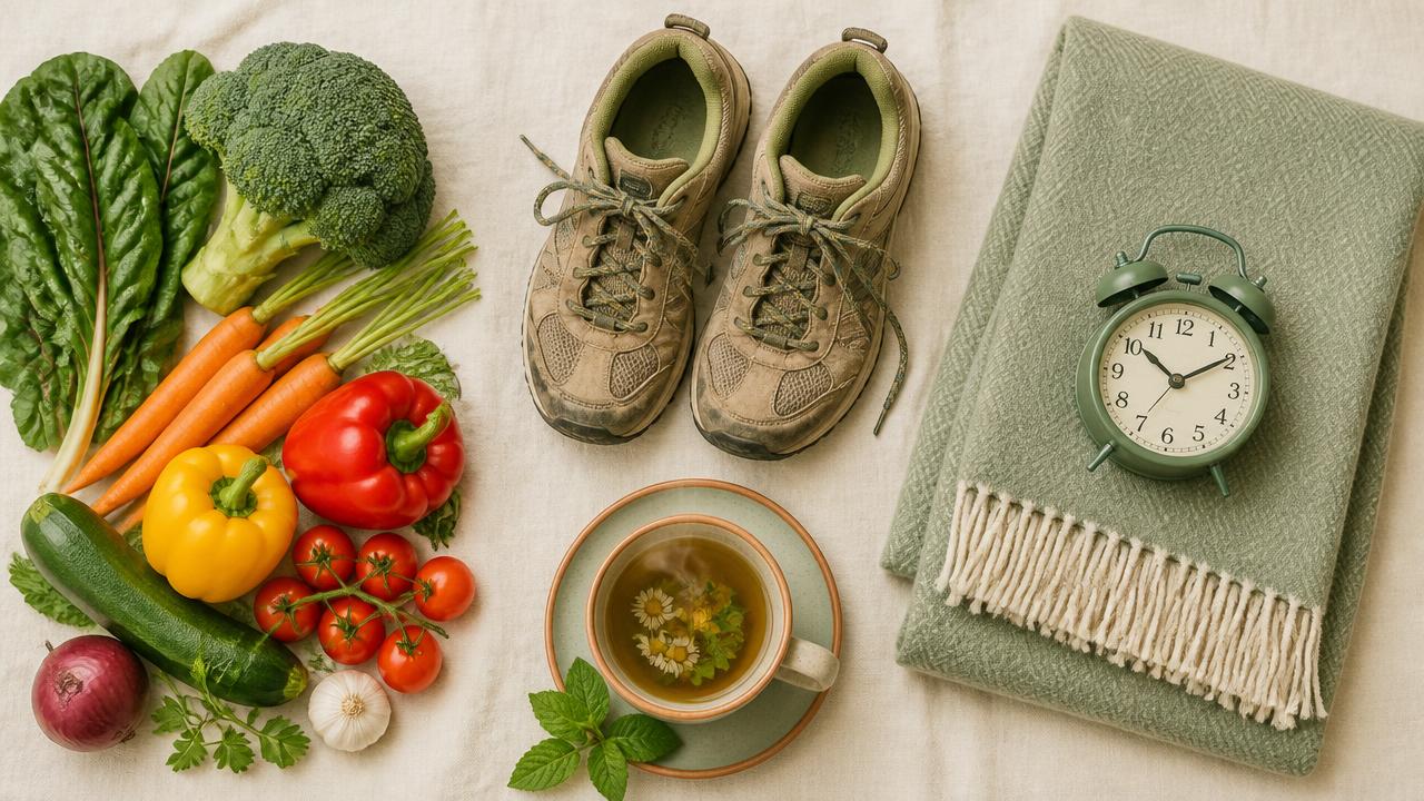 Mise à plat d'éléments d'un mode de vie sain : légumes frais, chaussures de marche, bouteille d'eau et objets liés au sommeil.