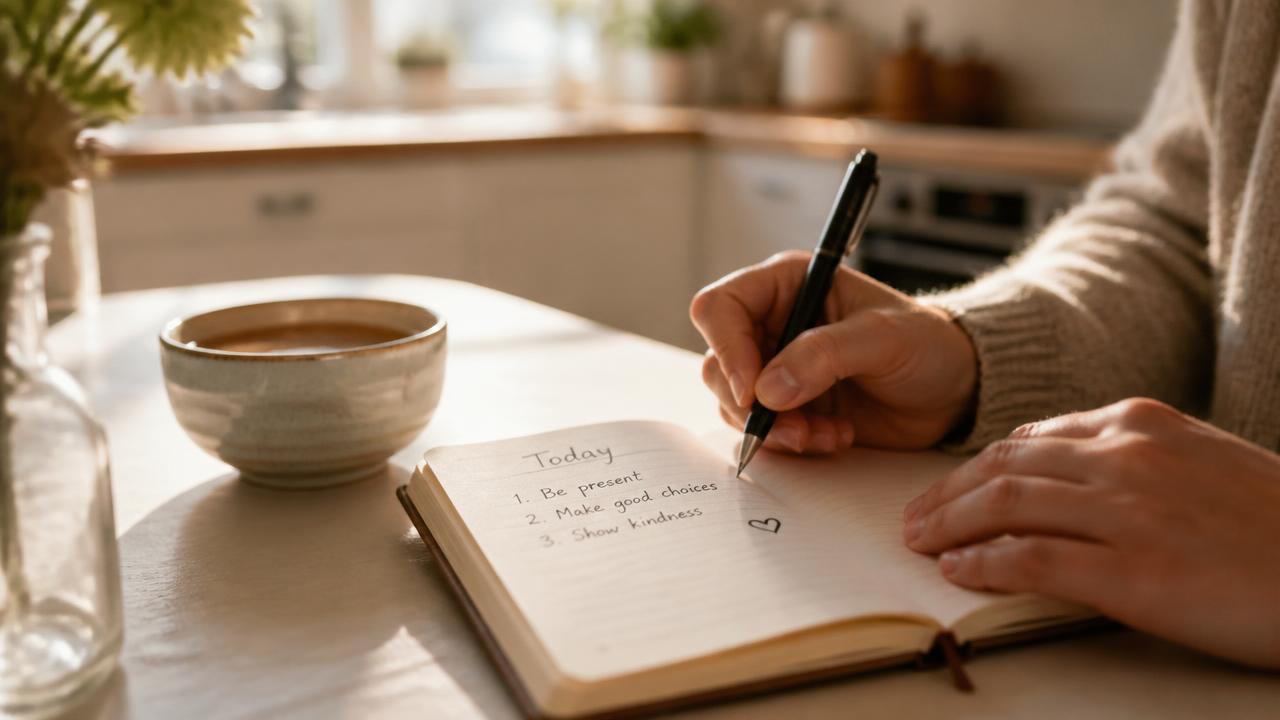 Des mains écrivent une courte liste dans un carnet, près d'une tasse, dans une cuisine lumineuse.
