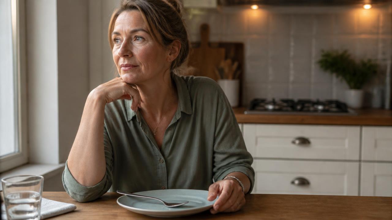 Une personne assise à une table, songeuse devant une assiette, dans une lumière douce.