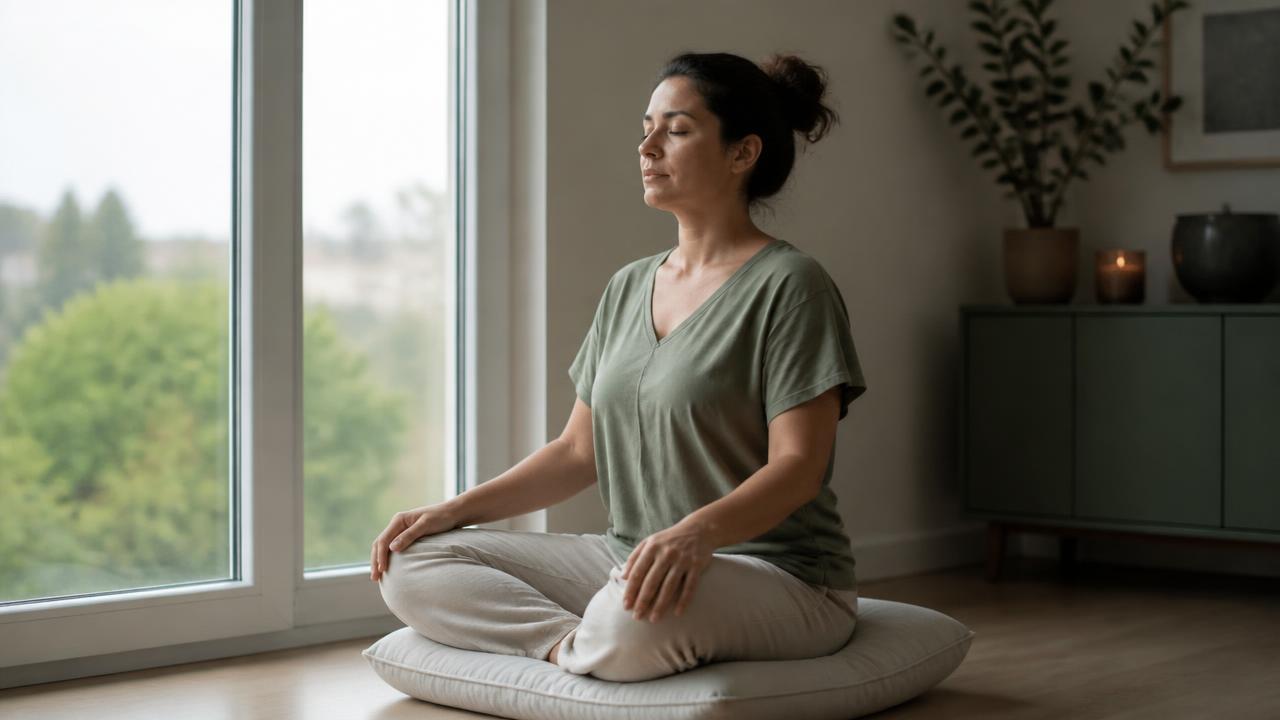 Une personne assise sur un coussin près d'une fenêtre, yeux fermés, en respiration profonde.