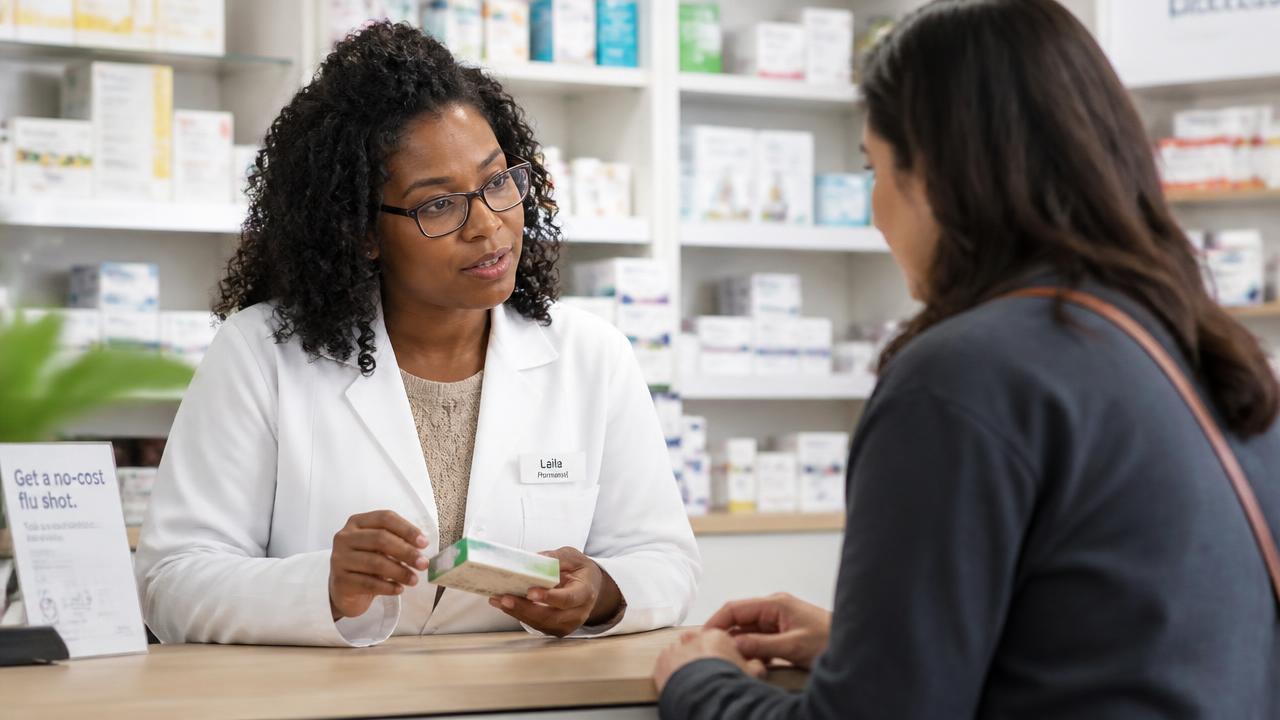 Une pharmacienne explique un médicament à une personne au comptoir de la pharmacie.