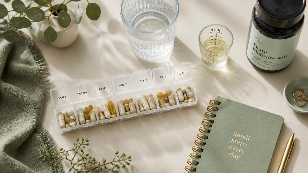 Pilulier de vitamines quotidiennes et petite assiette portionnée sur un comptoir clair.