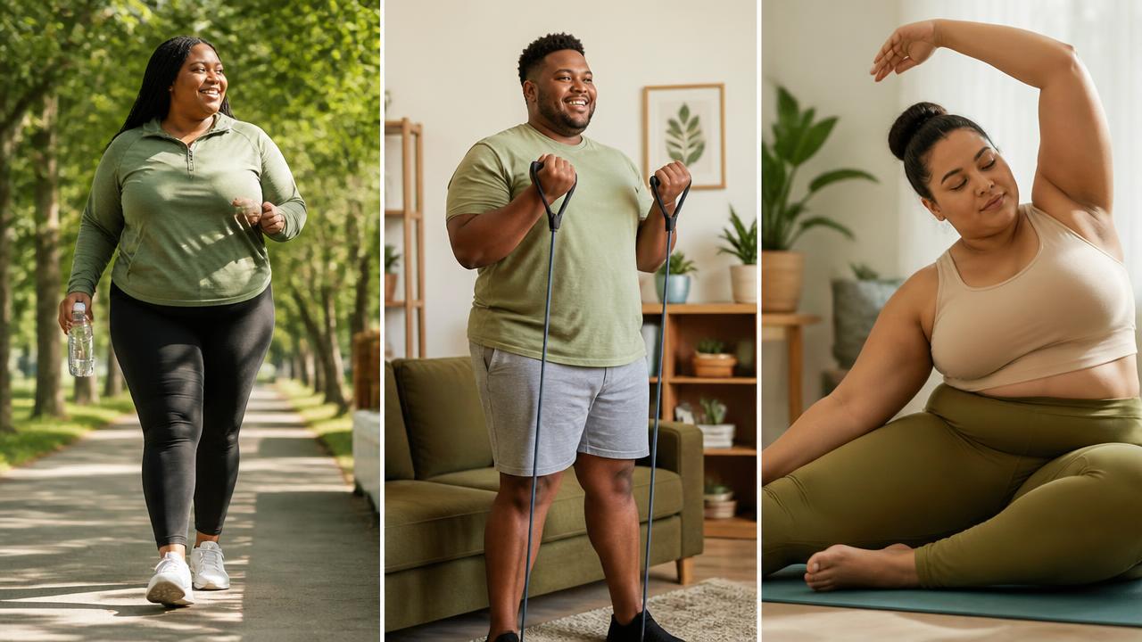 Trois personnes de corpulences variées : une marche en plein air, une s'entraîne avec une bande élastique, une s'étire sur un tapis.