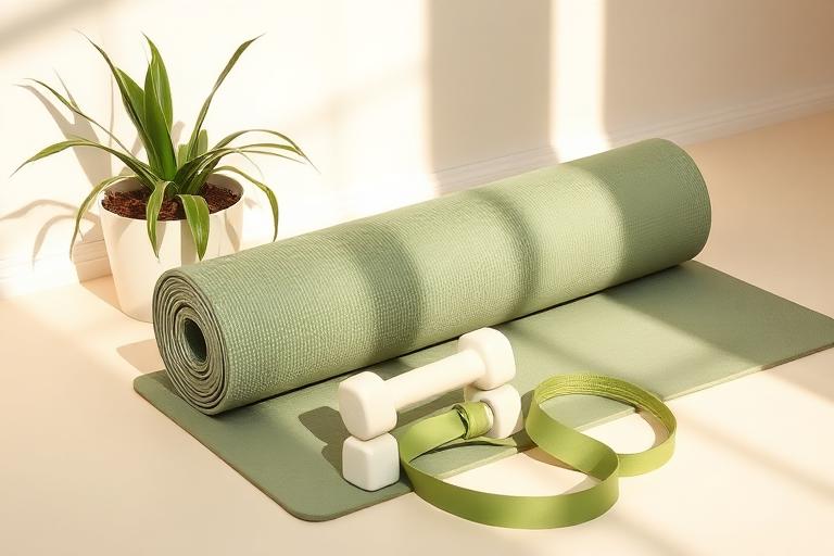 Un tapis de yoga roulé, de petits haltères et une bande élastique posés sur un plancher clair.