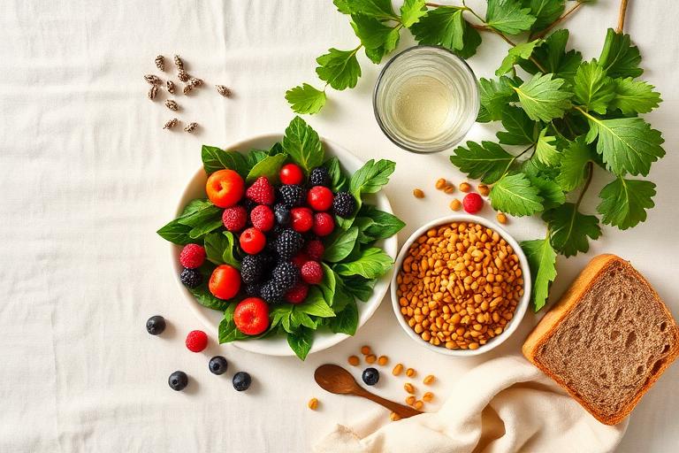 Légumes verts, petits fruits, lentilles et pain de blé entier disposés sur une nappe de lin crème.