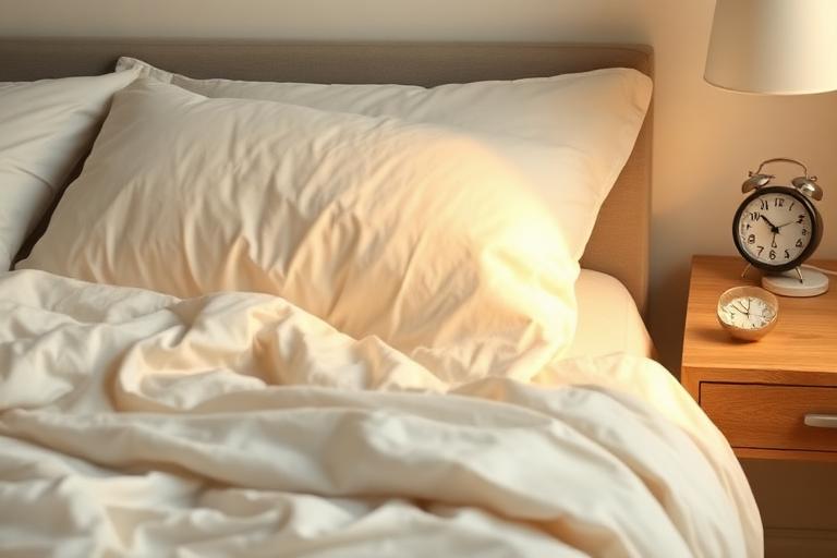 Une literie de lin crème et un petit réveil sur une table de nuit en bois.