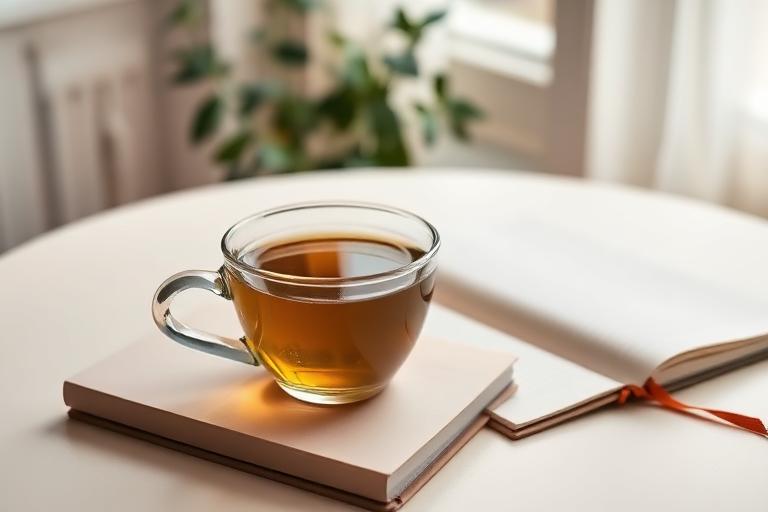 Une tasse de tisane posée près d'un carnet fermé sur une table claire.