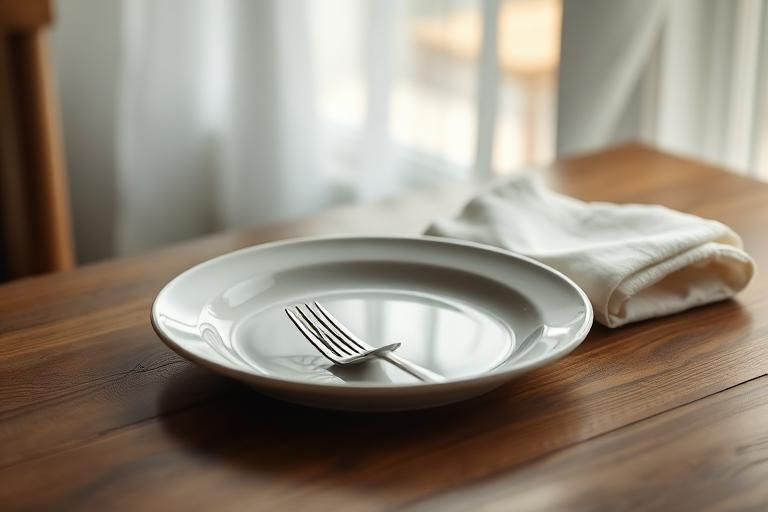 Une assiette vide et une serviette pliée sur une table en bois près d'une fenêtre.